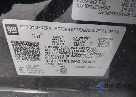 2021 Chevrolet Silverado 1500 4Wd Standard Bed High Country z USA, uszkodzony, nr VIN 3GCUYHEL5MG475480